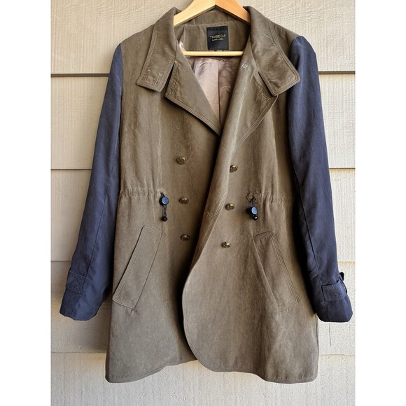 Tribeca Double Breasted Green & Dark Blue Trench Jacket Long Coat Woman Sz M - Picture 1 of 10